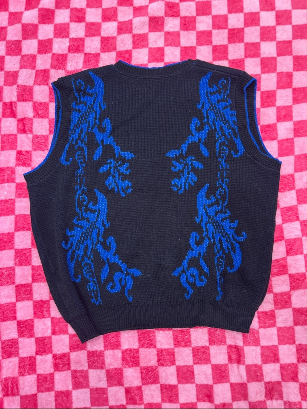 Black V-Neck Sweater Vest with Sparkly Blue Jacquard Detail - Picture 5 of 5